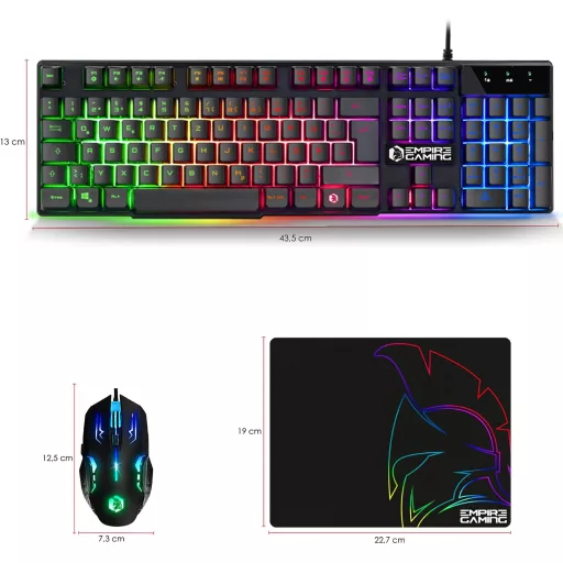 EMPIRE GAMING MK800 3 az 1-ben Gamer Szett - RGB Gamer Billentyűzet QWERTZ Német Kiosztás, Ergonomikus RGB Egér 2400 DPI, Egérpad PC PS4 PS5
