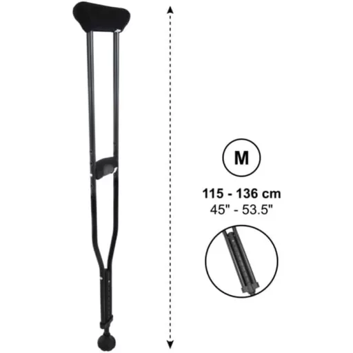 KMINA Podpažná barla veľkosť M, nastaviteľná výška, polstrovaná, hliníková, čierna