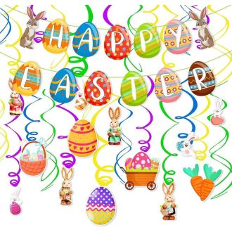   Veľkonočná Dekoračná Súprava: 2 Vlajky a 21 Visacích Špirál - Slávnostná Výzdoba