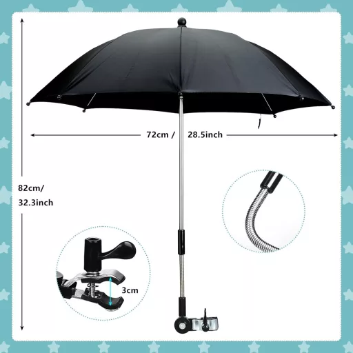 Encham Univerzalni Kišobran za Kolica UV 50+ Zaštita 72 cm Promjer Crni Sportski Kišobran za Sunce