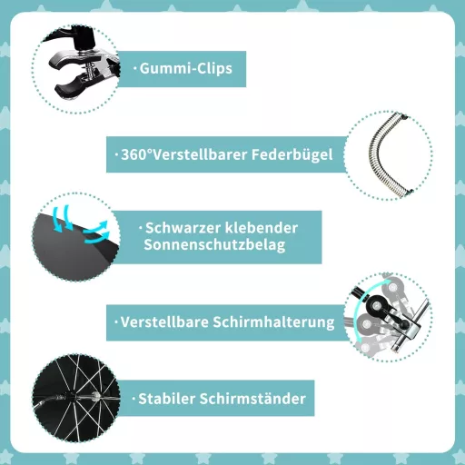 Encham Univerzalni Kišobran za Kolica UV 50+ Zaštita 72 cm Promjer Crni Sportski Kišobran za Sunce