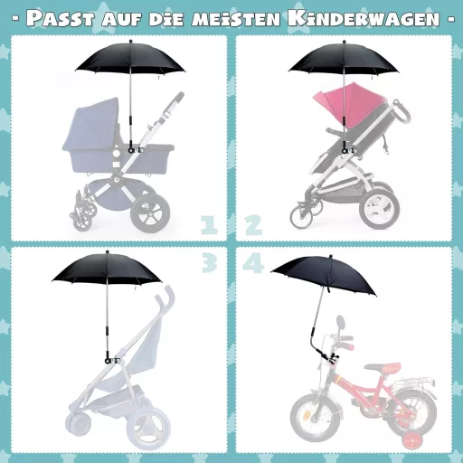 Encham Univerzalni Kišobran za Kolica UV 50+ Zaštita 72 cm Promjer Crni Sportski Kišobran za Sunce