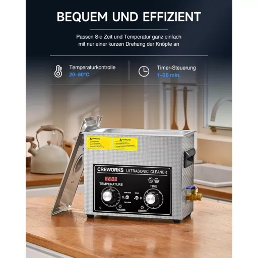 Dispozitiv de curățare cu ultrasunete CREWORKS 6L, 180W, cu încălzire, pentru proteze dentare, bijuterii și ceasuri