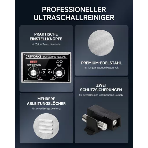 Dispozitiv de curățare cu ultrasunete CREWORKS 6L, 180W, cu încălzire, pentru proteze dentare, bijuterii și ceasuri