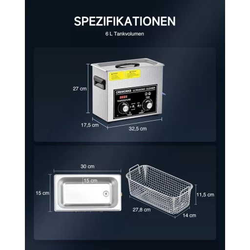 CREWORKS 6L Ultrasonic Tisztító Gép 180W Fűtéssel Fogsor Ékszer Óra Tisztításhoz