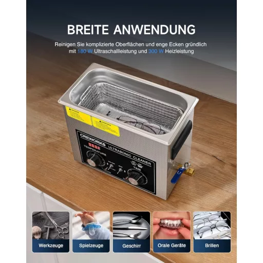 CREWORKS 6L Ultrasonic Tisztító Gép 180W Fűtéssel Fogsor Ékszer Óra Tisztításhoz