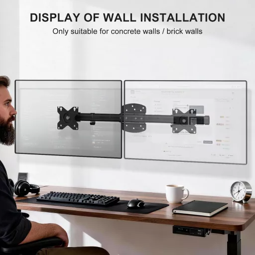 WALI Dual Monitor Fali Tartó, 2 Képernyőhöz 27" Vízszintes Rögzítő Kar, Fekete
