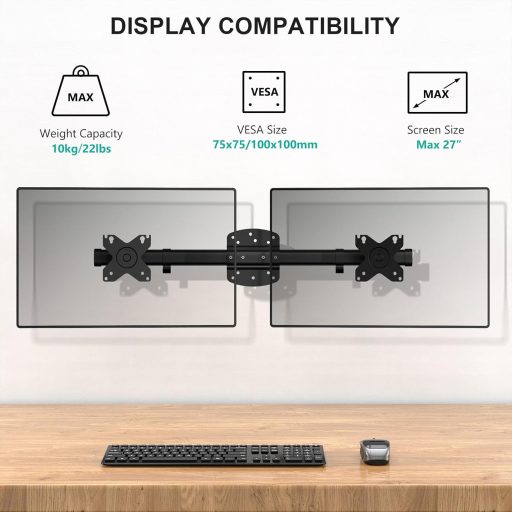 WALI Dual Monitor Fali Tartó, 2 Képernyőhöz 27" Vízszintes Rögzítő Kar, Fekete