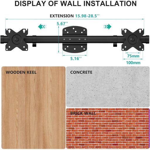 WALI Dual Monitor Fali Tartó, 2 Képernyőhöz 27" Vízszintes Rögzítő Kar, Fekete