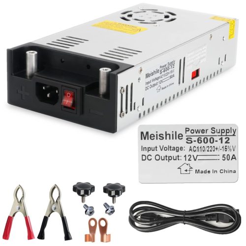 MEISHILE 12V 50A 600W Tápegység - Ipari Transzformátor LED Szalaghoz, 3D Nyomtatóhoz, Motorhoz - AC 230V/110V - Krokodilcsipeszes Csatlakozá