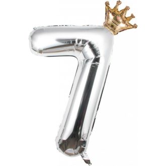   Obrovský strieborný balón v tvare čísla 7 s korunou, 100 cm - narodeninová dekorácia