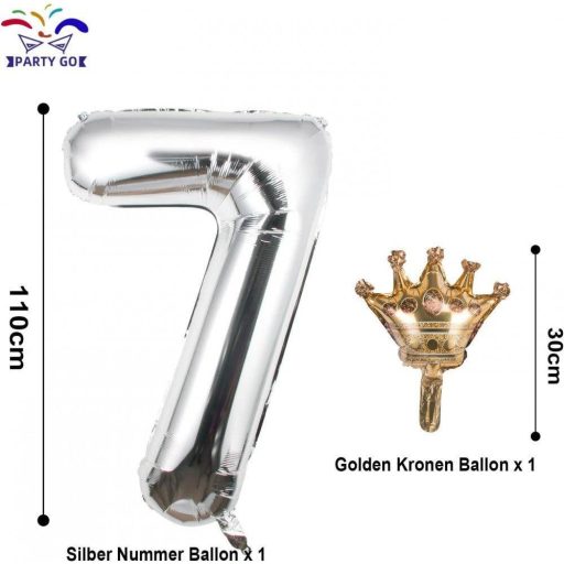 Obrovský strieborný balón v tvare čísla 7 s korunou, 100 cm - narodeninová dekorácia