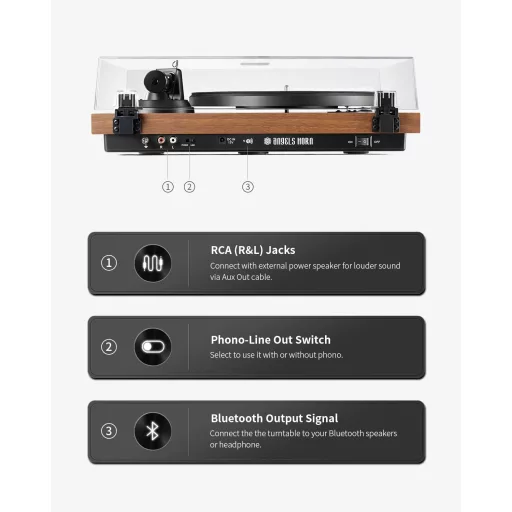 ANGELS HORN Lemezjátszó Bluetooth Előerősítővel, Szalaghajtás 33/45 RPM