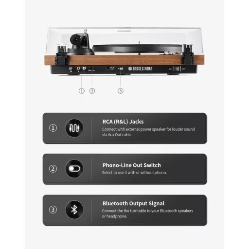 ANGELS HORN Lemezjátszó Bluetooth Előerősítővel, Szalaghajtás 33/45 RPM