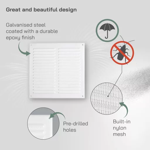 Grilaj de ventilație din metal alb Vent Systems 29,5x29,5 cm cu plasă împotriva insectelor