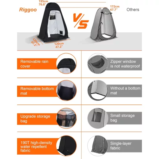 Cort Portabil Duș și Toaletă riggoo - Cort Pop-Up pentru Schimbat Haine, Camping, Plajă - Protecție UV 50+, Impermeabil, Cu Geantă, 120x120x195 cm