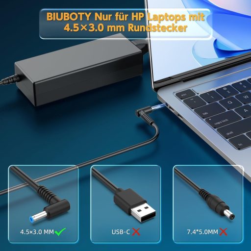 BIUBOTY 90W Punjač za Laptop HP EliteBook, ProBook, Pavilion, Envy, Stream Seriju - Univerzalni Kabel za Napajanje s 4.5x3.0mm Konektorom