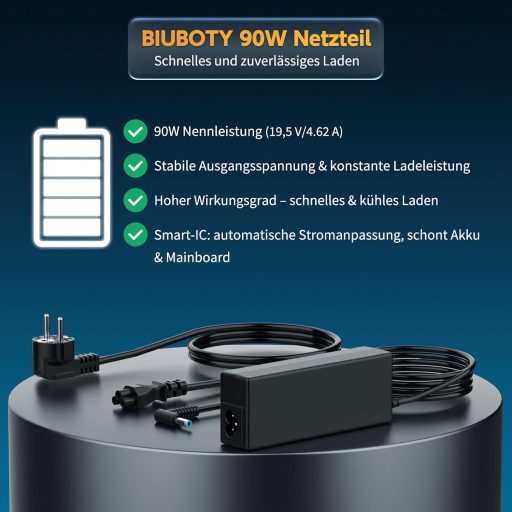 BIUBOTY 90W Laptop Töltő HP EliteBook, ProBook, Pavilion, Envy, Stream Sorozathoz - Univerzális Tápkábel 4.5x3.0mm Csatlakozóval