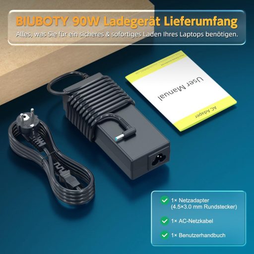 BIUBOTY 90W Laptop Töltő HP EliteBook, ProBook, Pavilion, Envy, Stream Sorozathoz - Univerzális Tápkábel 4.5x3.0mm Csatlakozóval