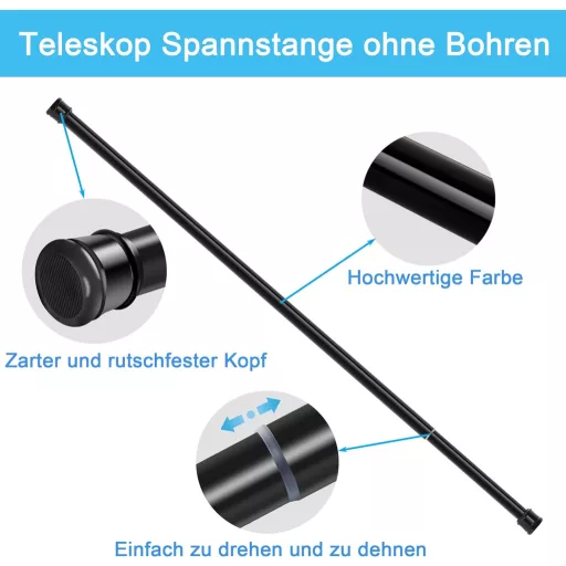 Aiitomg Teleskopická Záclonová Tyč - Držiak Závesu do Sprchy Bez Vŕtania, Výsuvná Kovová Tyč do Kúpeľne, Spálne, Čierna, 50-70 cm, Priemer 25 mm