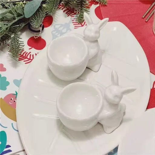 WW STYLE 2 db kerámia tojástartó nyúl mintával, porcelán tojáshenger ajándék