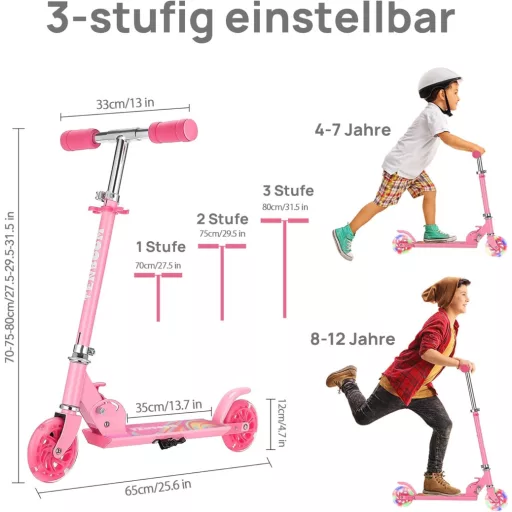 TENBOOM Összecsukható Gyerekroller 3 Éves Kortól, LED Kerekek, Magasságállítható - LED pink