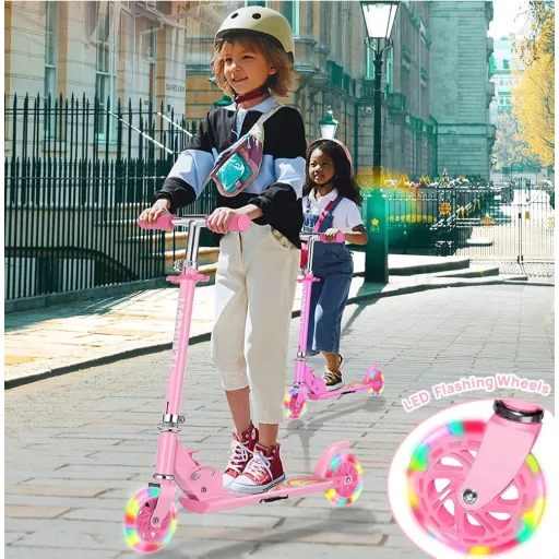 TENBOOM Összecsukható Gyerekroller 3 Éves Kortól, LED Kerekek, Magasságállítható - LED pink