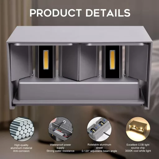 Aplică de perete LED Kingwei 20W, gri, cu fascicul reglabil sus-jos, alb cald 3000K, rezistentă la apă IP65