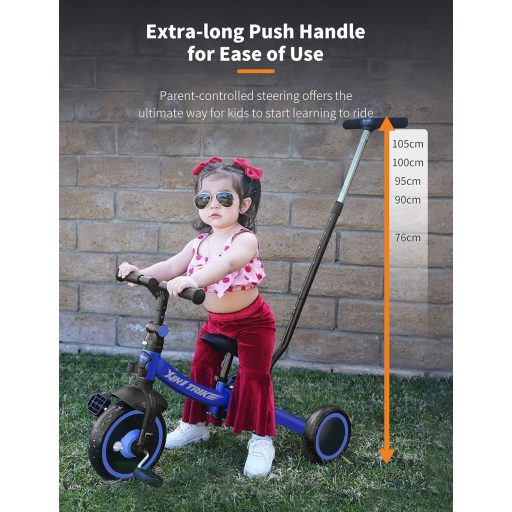 besrey Skladacia trojkolka 7 v 1 pre deti od 1 do 5 rokov, s vodiacou tyčou, nastaviteľným sedadlom, väčšími kolesami, modrá