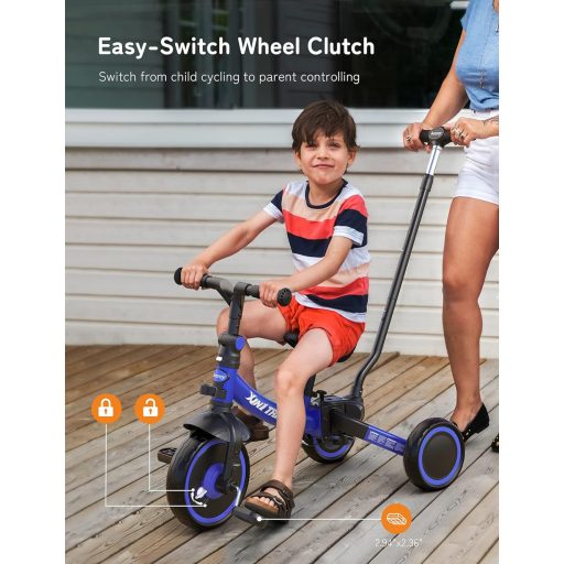 besrey Skladacia trojkolka 7 v 1 pre deti od 1 do 5 rokov, s vodiacou tyčou, nastaviteľným sedadlom, väčšími kolesami, modrá