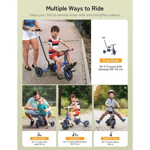 besrey 7 az 1-ben Összecsukható Tricikli 1-5 Éves Gyerekeknek, Tolókarral, Állítható Magasságú Üléssel, Nagyobb Kerekekkel, Kék