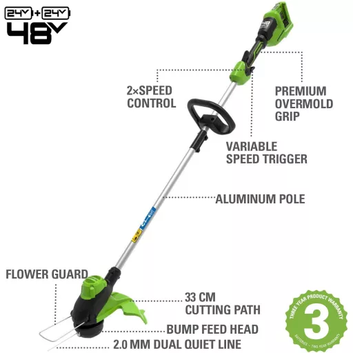 Akumulátorová kosačka Greenworks 24V so záberom 33 cm, 2x2Ah batériami a nabíjačkou