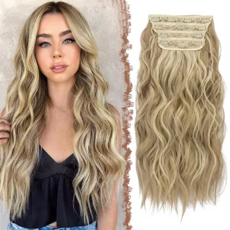   Extensii de păr cu clips FESHFEN, 4 bucăți, 50 cm, ondulate, păr sintetic, blond cenușiu închis pentru femei, 180g