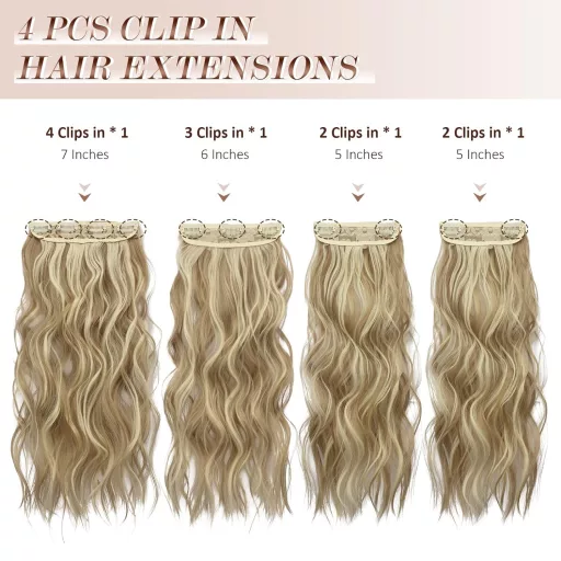 Extensii de păr cu clips FESHFEN, 4 bucăți, 50 cm, ondulate, păr sintetic, blond cenușiu închis pentru femei, 180g