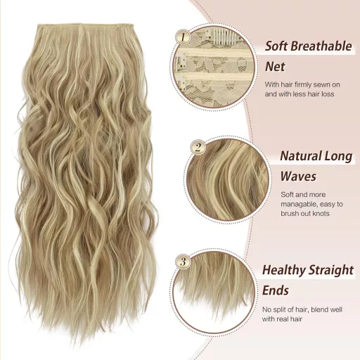 Extensii de păr cu clips FESHFEN, 4 bucăți, 50 cm, ondulate, păr sintetic, blond cenușiu închis pentru femei, 180g