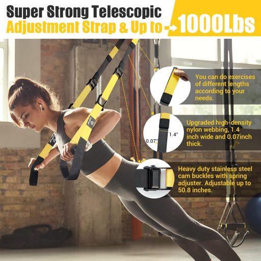 COFOF Sling Trainer Edzőheveder - Teljes Test Edzés Otthon, Ajtórögzítővel, Hordozható Edzőszett Edzéstervvel, 500kg Teherbírás, Sárga