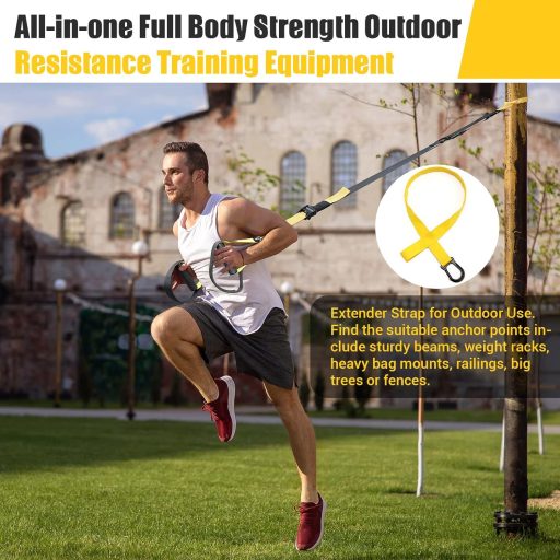 COFOF Závesný posilňovací systém - Cvičenie celého tela doma, s dverovým úchytom, prenosná posilňovacia súprava s tréningovým plánom, nosnosť 500 kg, žltá