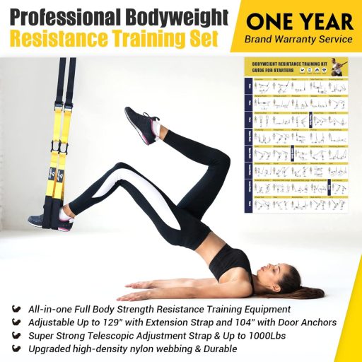 COFOF Závesný posilňovací systém - Cvičenie celého tela doma, s dverovým úchytom, prenosná posilňovacia súprava s tréningovým plánom, nosnosť 500 kg, žltá