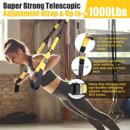 COFOF Sling Trainer Edzőheveder - Teljes Test Edzés Otthon, Ajtórögzítővel, Hordozható Edzőszett Edzéstervvel, 500kg Teherbírás, Sárga