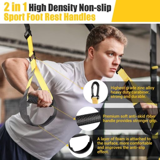 COFOF Závesný posilňovací systém - Cvičenie celého tela doma, s dverovým úchytom, prenosná posilňovacia súprava s tréningovým plánom, nosnosť 500 kg, žltá