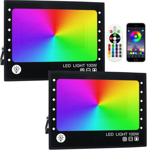 Set de proiectoare LED RGB de exterior, 2 bucăți 100W, Bluetooth, iluminat exterior, impermeabil IP66, 15000 lumeni, lumină ambientală cu schimbare de culoare pentru grădină, balcon
