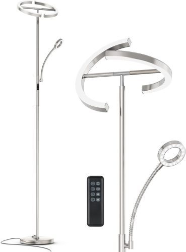 Lampă de podea STEO LED 27W Argintie, cu dimmer și telecomandă - Lampă modernă cu temperatură de culoare ajustabilă, cu lampă de citit, pentru living, dormitor, birou.