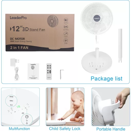 LeaderPro 2-u-1 DC Motor Stojeći Ventilator - Iznimno Tih 12.8 dB, 3D Oscilacija, S Daljinskim Upravljačem, Energetski Učinkovit Turbo Cirkulator Zraka