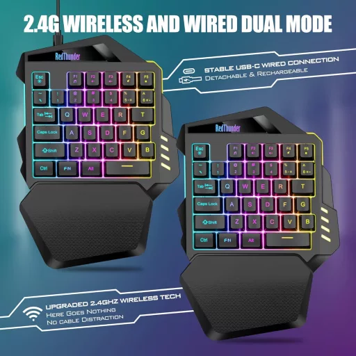 RedThunder G60 Vezeték Nélküli Egykezi Gamer Billentyűzet, 2000 mAh Akkumulátor, RGB Háttérvilágítás, Ergonomikus, PC/Mac/PS5 Kompatibilis