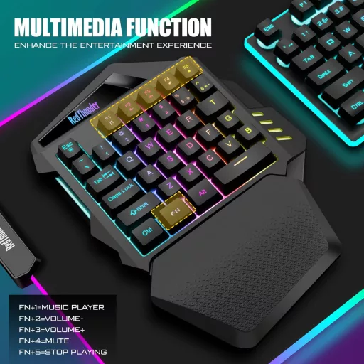 RedThunder G60 Vezeték Nélküli Egykezi Gamer Billentyűzet, 2000 mAh Akkumulátor, RGB Háttérvilágítás, Ergonomikus, PC/Mac/PS5 Kompatibilis