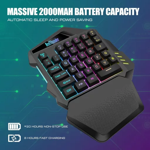 RedThunder G60 Vezeték Nélküli Egykezi Gamer Billentyűzet, 2000 mAh Akkumulátor, RGB Háttérvilágítás, Ergonomikus, PC/Mac/PS5 Kompatibilis