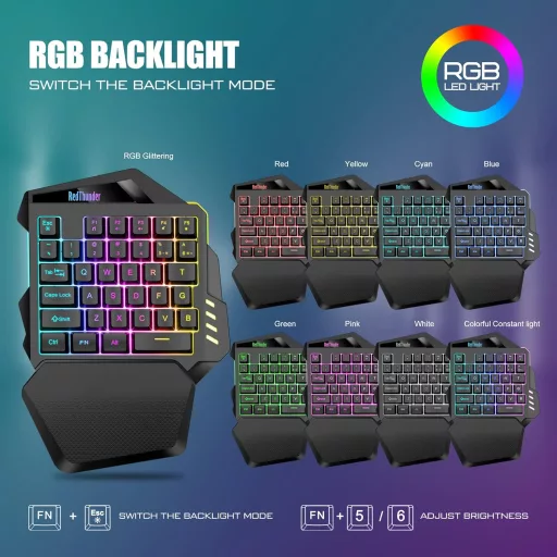 RedThunder G60 Vezeték Nélküli Egykezi Gamer Billentyűzet, 2000 mAh Akkumulátor, RGB Háttérvilágítás, Ergonomikus, PC/Mac/PS5 Kompatibilis