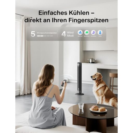 Ventilator turn silențios Pelonis cu telecomandă, temporizator de 9 ore, 4 moduri, 5 viteze