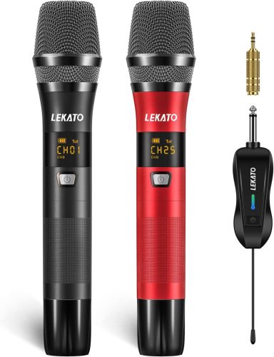 Microfon metalic fără fir LEKATO - Microfon dinamic portabil reîncărcabil pentru karaoke, DJ, nuntă, evenimente - 25 de canale, dublu