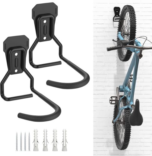 Housolution Držiak na bicykel na stenu - 2 ks L-hákov, nosnosť 35 kg, priestorovo úsporné vertikálne uskladnenie, EVA gumová ochrana, čierny